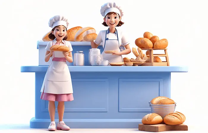 Tow Female Bakers Baking Together Bread and Buns 3D Character Art Illustration